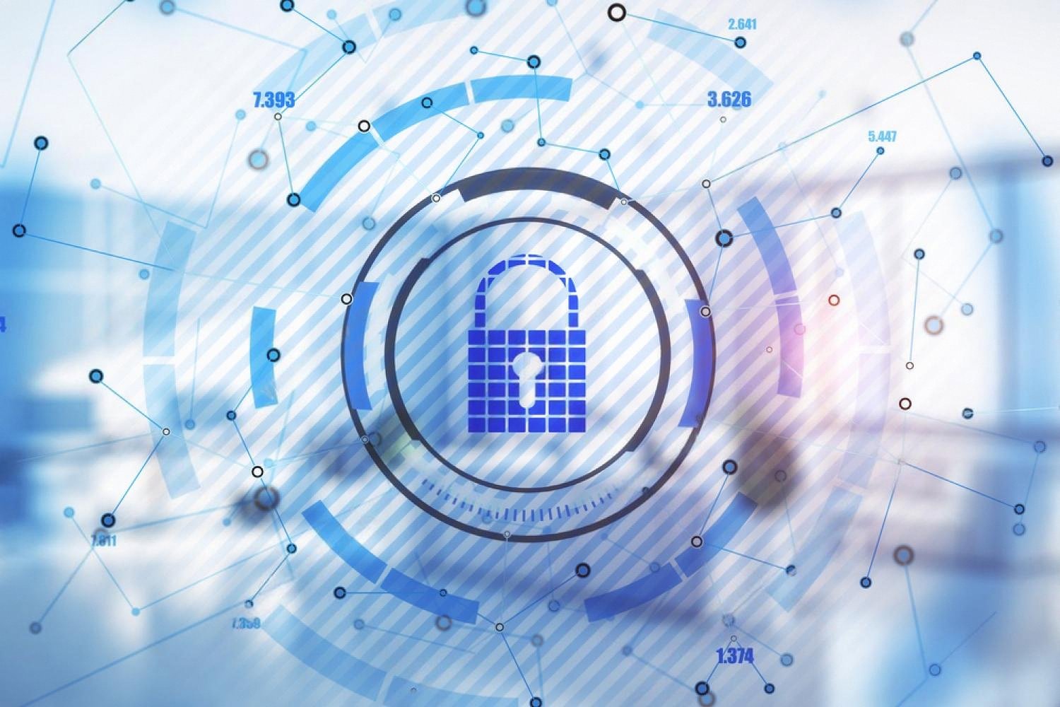 Digital padlock and network graphic representing home alarm and monitoring systems for a Dubai villa
